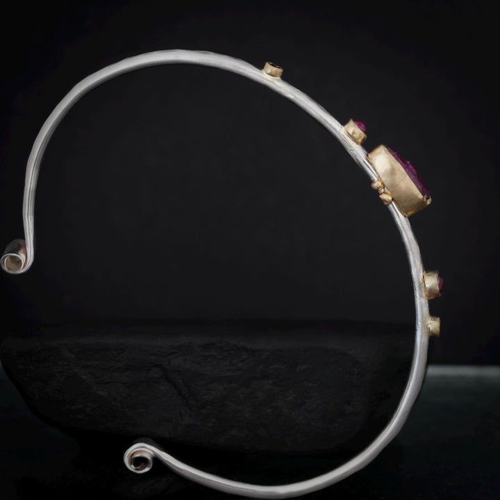 Ready To Ship Ruby Cuff Bracelet. 925 Silver and 14k Gold Raw Uncut Natural Untreated Ruby Crystal and Round Ruby Hammered Cuff Bracelet