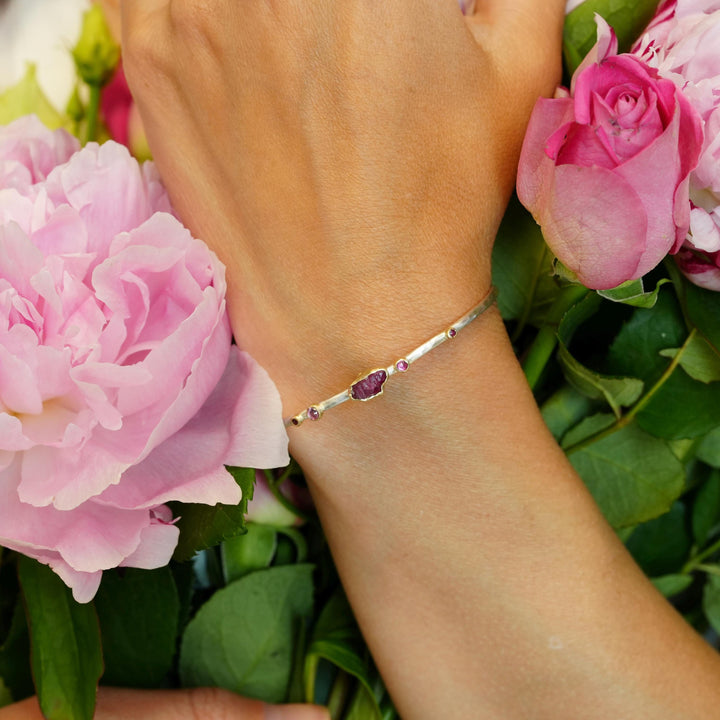 Ready To Ship Ruby Cuff Bracelet. 925 Silver and 14k Gold Raw Uncut Natural Untreated Ruby Crystal and Round Ruby Hammered Cuff Bracelet
