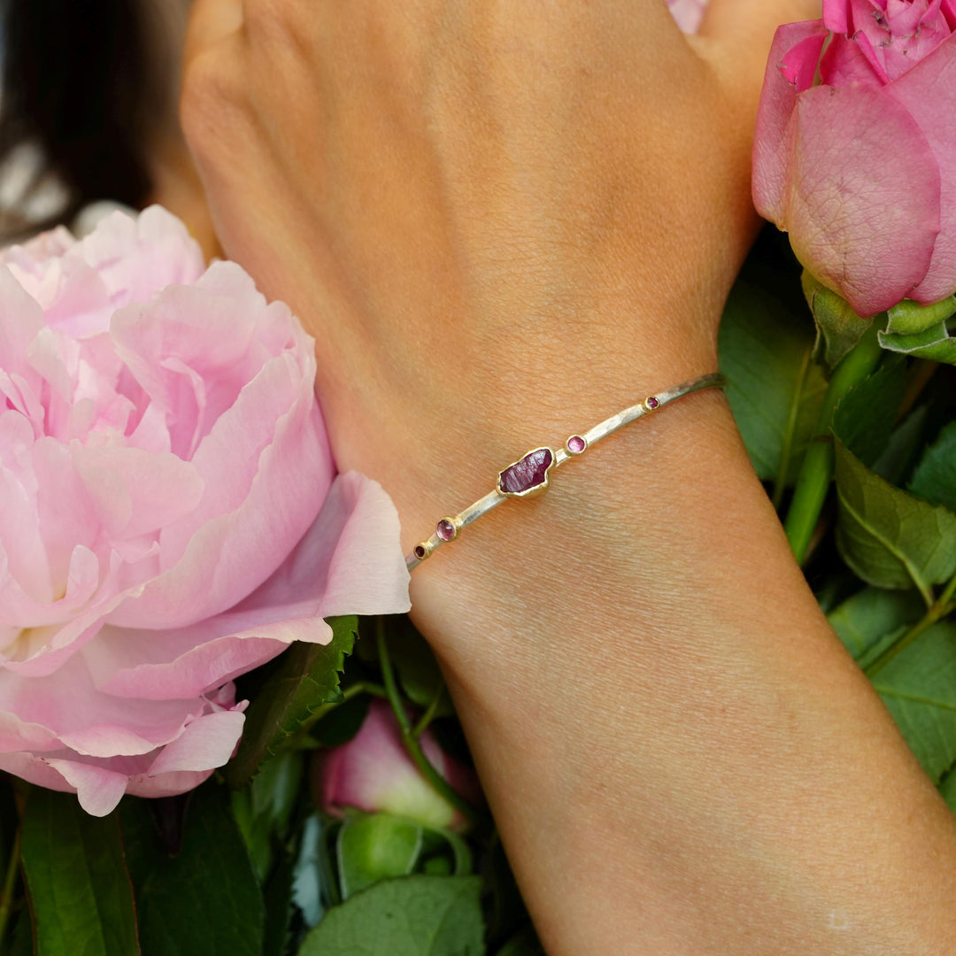 Ready To Ship Ruby Cuff Bracelet. 925 Silver and 14k Gold Raw Uncut Natural Untreated Ruby Crystal and Round Ruby Hammered Cuff Bracelet