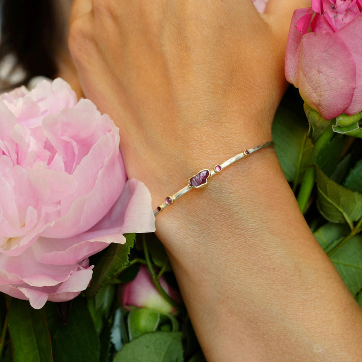 Ready To Ship Ruby Cuff Bracelet. 925 Silver and 14k Gold Raw Uncut Natural Untreated Ruby Crystal and Round Ruby Hammered Cuff Bracelet
