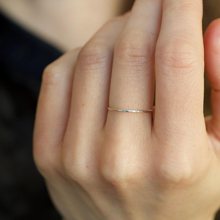 1.1mm Extra Slim Hammered Ring. Organic Rustic Hammered Textured Unique Slim Skinny Yellow Rose White Gold Silver Wedding Band Ring