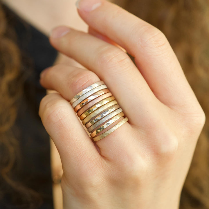2mm Hammered Ring. Organic Rustic Hammered Textured Unique Slim Skinny Yellow Rose White Gold Silver Wedding Band Ring