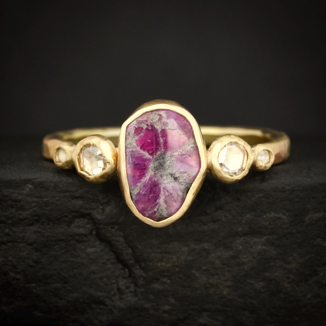 Ready to Ship Trapiche Ruby Ring. Matte Yellow Gold Oval Bezel Set Natural Trapiche Ruby Slice and Diamond Engagement Ring