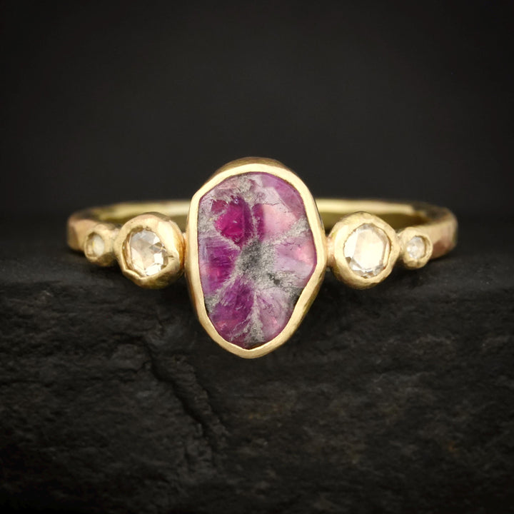 Ready to Ship Trapiche Ruby Ring. Matte Yellow Gold Oval Bezel Set Natural Trapiche Ruby Slice and Diamond Engagement Ring