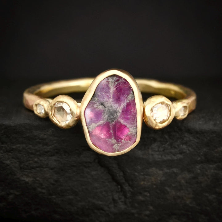 Ready to Ship Trapiche Ruby Ring. Matte Yellow Gold Oval Bezel Set Natural Trapiche Ruby Slice and Diamond Engagement Ring