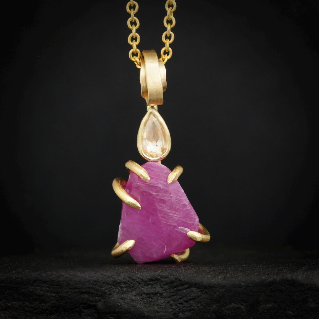 Ready to Ship Ruby Necklace. 14k Yellow Gold Rustic Organic Raw Rough Ruby Crystal and Diamond Necklace. Raw Ruby Necklace. Ruby Necklace
