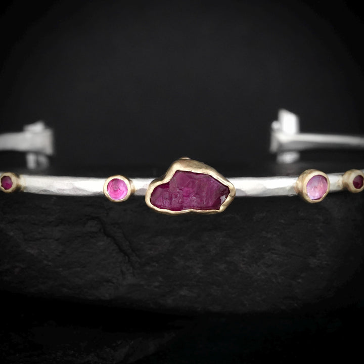 Ready To Ship Ruby Cuff Bracelet. 925 Silver and 14k Gold Raw Uncut Natural Untreated Ruby Crystal and Round Ruby Hammered Cuff Bracelet