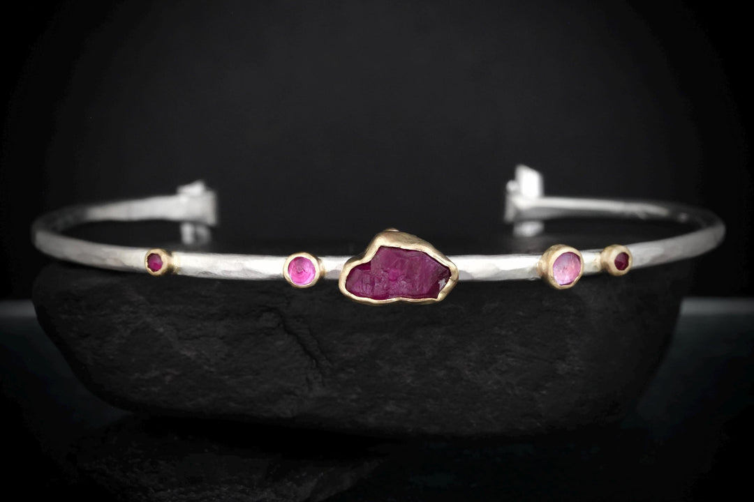 Ready To Ship Ruby Cuff Bracelet. 925 Silver and 14k Gold Raw Uncut Natural Untreated Ruby Crystal and Round Ruby Hammered Cuff Bracelet