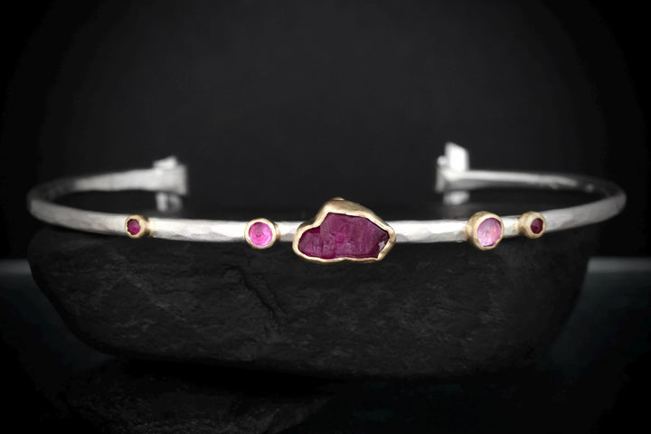 Ready To Ship Ruby Cuff Bracelet. 925 Silver and 14k Gold Raw Uncut Natural Untreated Ruby Crystal and Round Ruby Hammered Cuff Bracelet