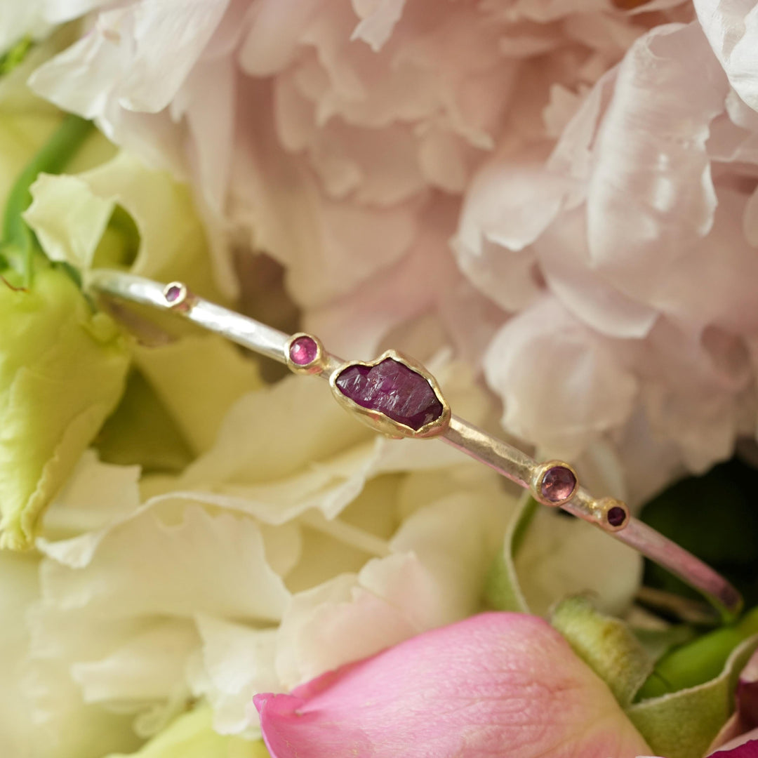 Ready To Ship Ruby Cuff Bracelet. 925 Silver and 14k Gold Raw Uncut Natural Untreated Ruby Crystal and Round Ruby Hammered Cuff Bracelet