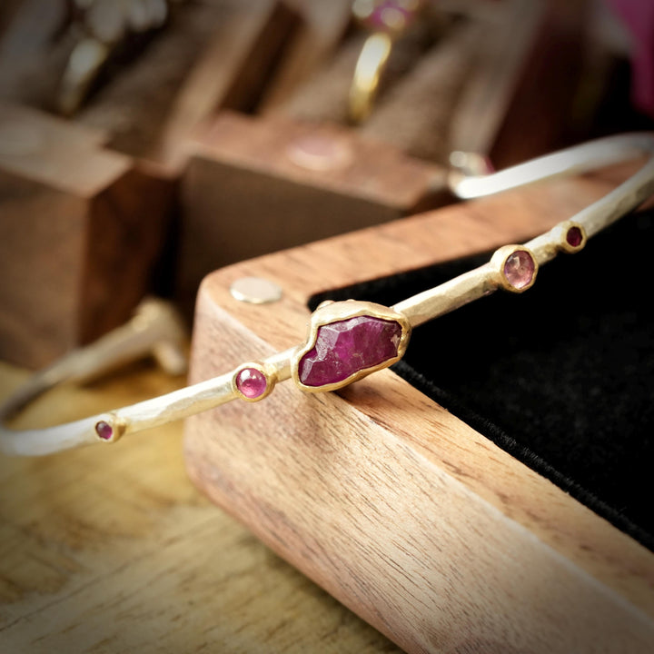 Ready To Ship Ruby Cuff Bracelet. 925 Silver and 14k Gold Raw Uncut Natural Untreated Ruby Crystal and Round Ruby Hammered Cuff Bracelet