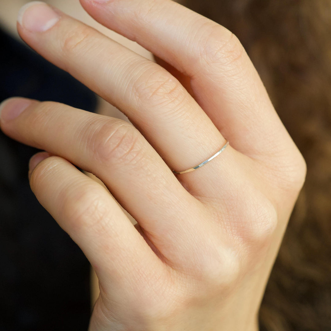 1.1mm Extra Slim Hammered Ring. Organic Rustic Hammered Textured Unique Slim Skinny Yellow Rose White Gold Silver Wedding Band Ring