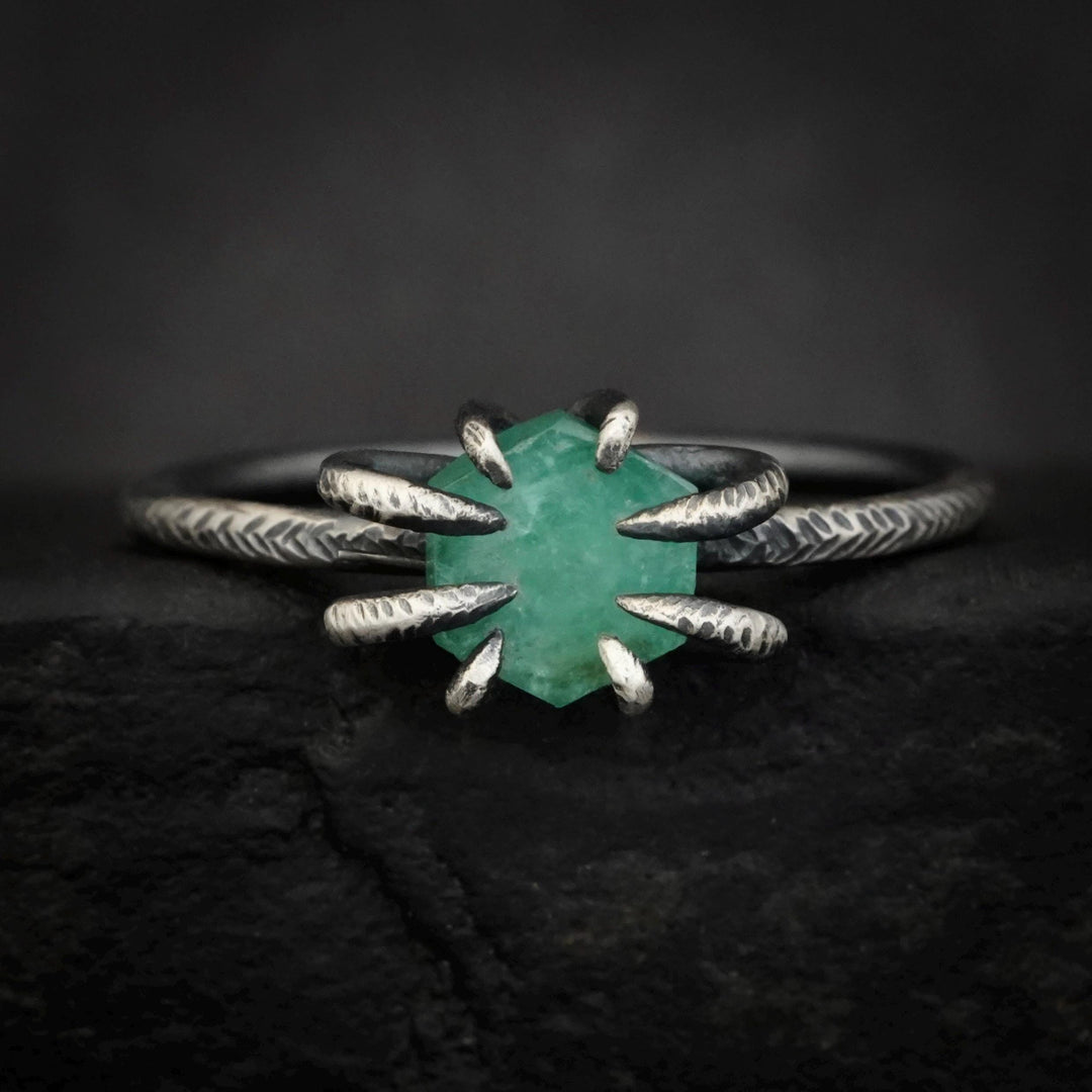 RTS Emerald Ring. US Size 5.5. Nature Inspired Oxidized Black 925 Sterling Silver Natural Emerald Hexagon Slice Ring. Spider Emerald Ring