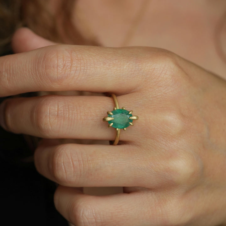 RTS Natural Emerald Ring. US size 6.5. 18k Yellow Matte Gold Oval Cut Natural Untreated Prong Set Emerald Engagement Statement Promise Ring
