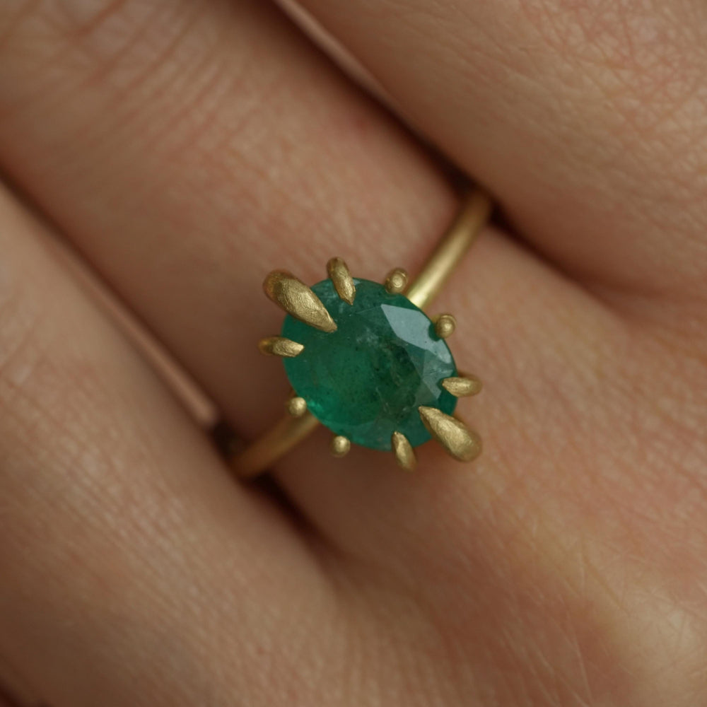 RTS Natural Emerald Ring. US size 6.5. 18k Yellow Matte Gold Oval Cut Natural Untreated Prong Set Emerald Engagement Statement Promise Ring