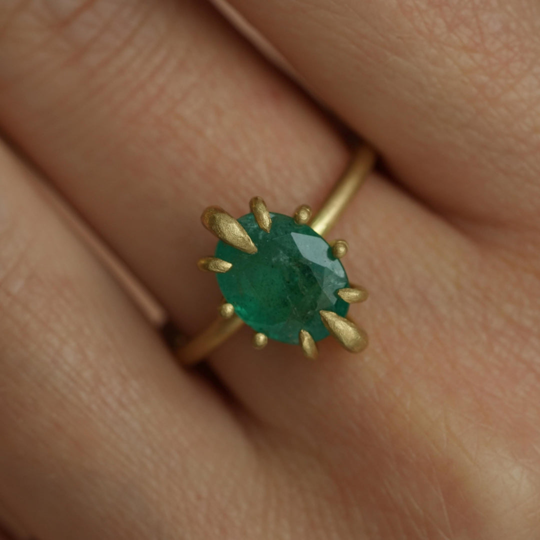RTS Natural Emerald Ring. US size 6.5. 18k Yellow Matte Gold Oval Cut Natural Untreated Prong Set Emerald Engagement Statement Promise Ring
