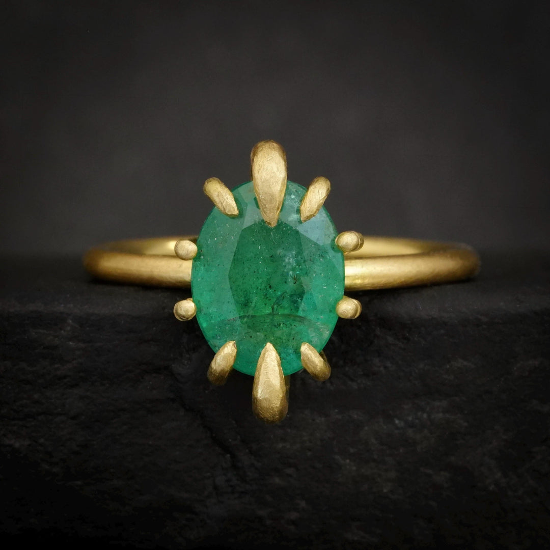 RTS Natural Emerald Ring. US size 6.5. 18k Yellow Matte Gold Oval Cut Natural Untreated Prong Set Emerald Engagement Statement Promise Ring