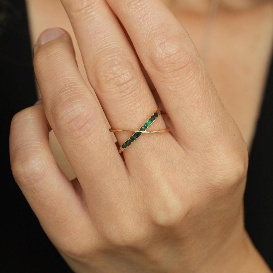 Raw Emerald X Ring. Rustic Custom Handmade Rough Uncut Raw Emerald Criss Cross Ring. Criss Cross Ring With Raw Stones. Yellow Gold X Ring
