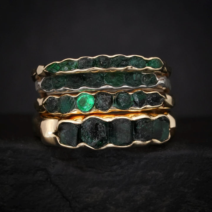 Emerald Band Ring. Nature Inspired Rustic Raw Rough Uncut Dark Green and Bright Green Round Genuine Emerald Wedding Engagement Band Ring