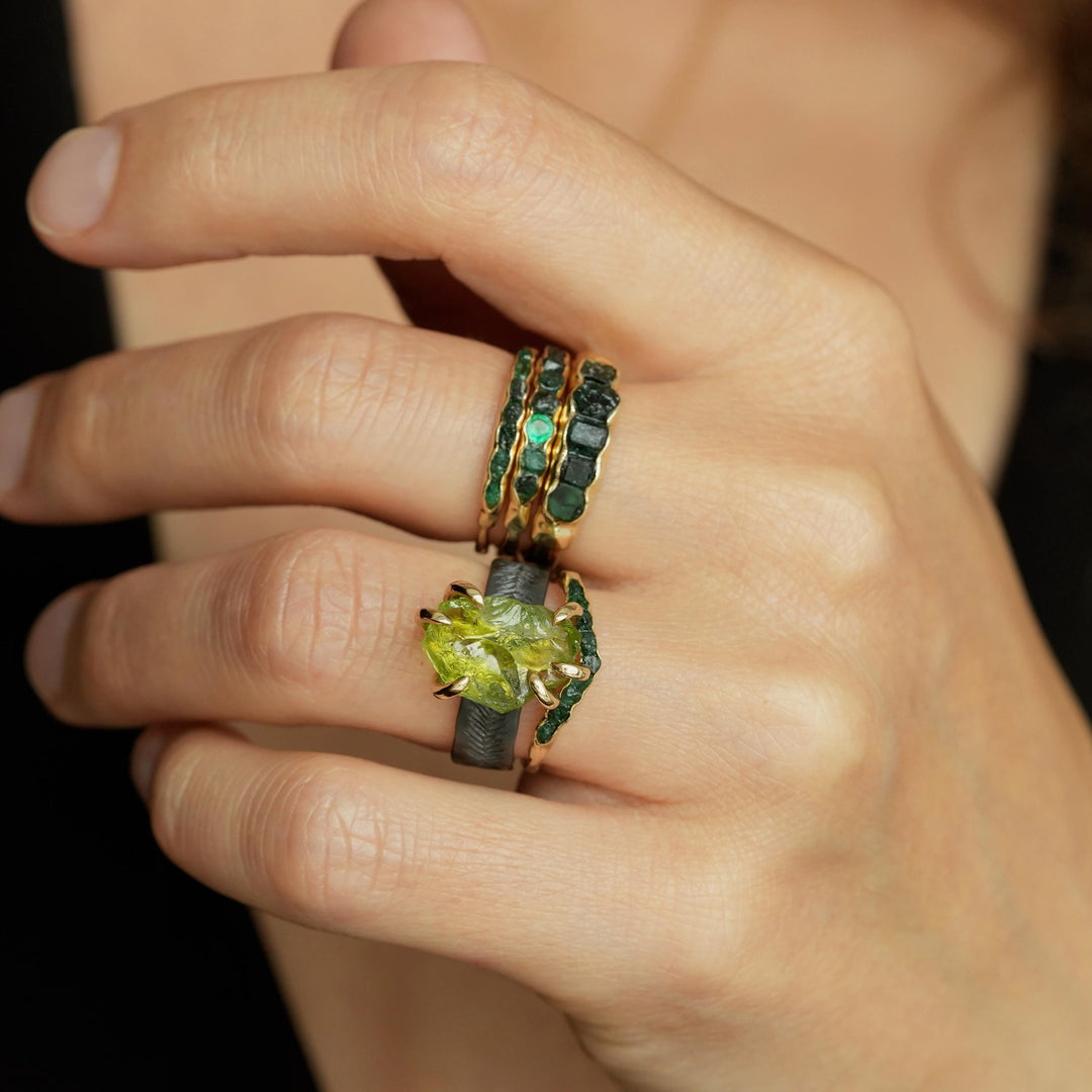 Wide Raw Emerald Band Ring. Rustic Organic Alternative Unique Raw Rough Uncut Deep Dark Green Natural Genuine Emerald Wedding Band Ring