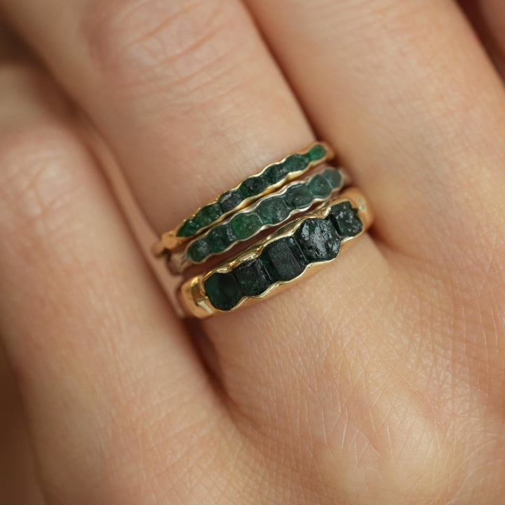 Wide Raw Emerald Band Ring. Rustic Organic Alternative Unique Raw Rough Uncut Deep Dark Green Natural Genuine Emerald Wedding Band Ring