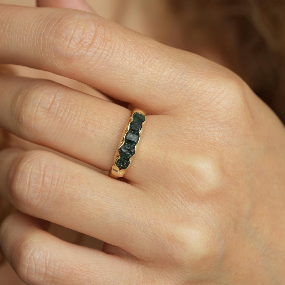 Wide Raw Emerald Band Ring. Rustic Organic Alternative Unique Raw Rough Uncut Deep Dark Green Natural Genuine Emerald Wedding Band Ring