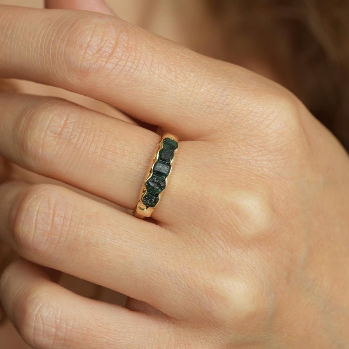 Wide Raw Emerald Band Ring. Rustic Organic Alternative Unique Raw Rough Uncut Deep Dark Green Natural Genuine Emerald Wedding Band Ring