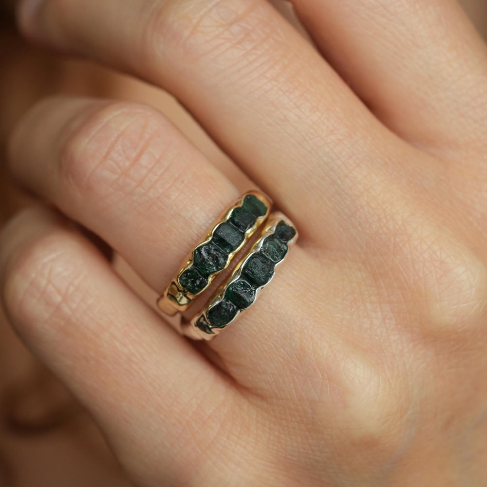 RTS Wide Raw Emerald Band Ring. Rustic Sterling Silver Raw Rough Uncut Deep Dark Green Natural Genuine Emerald Wedding Band Ring
