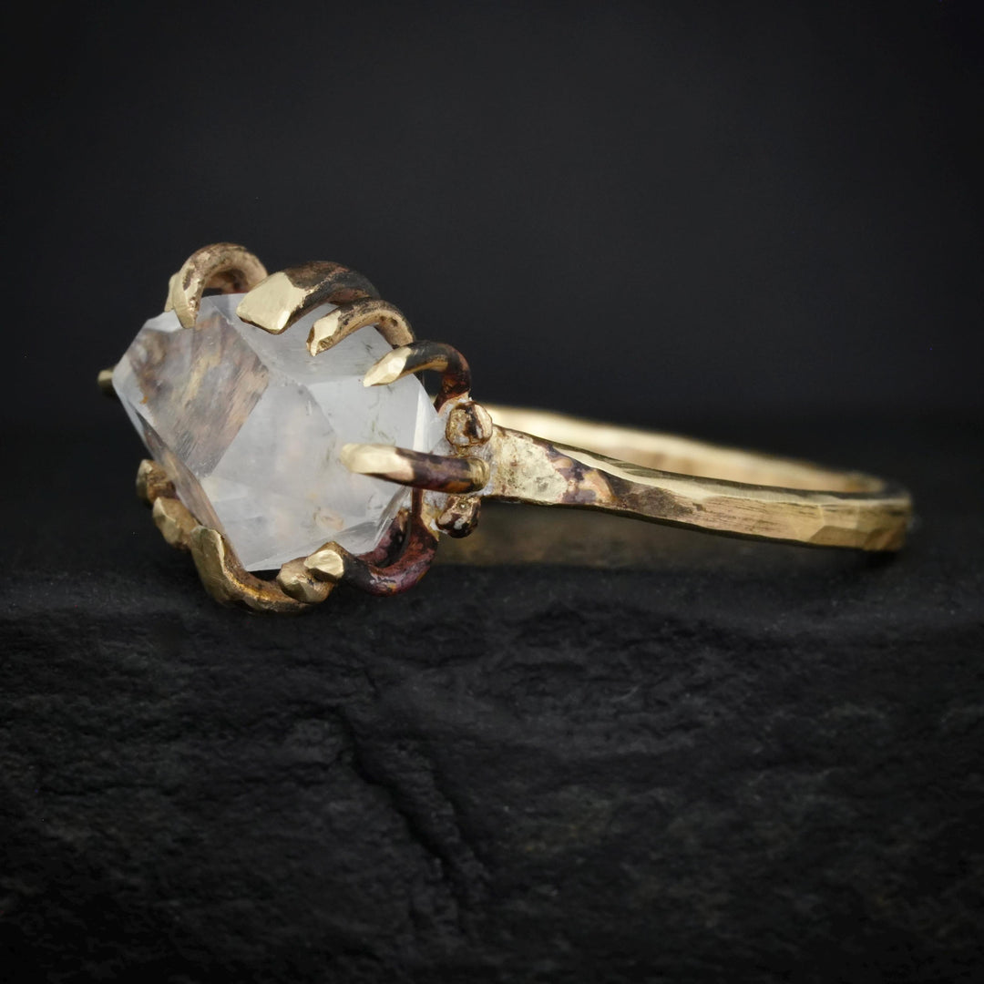 Quartz Crystal Ring. Rustic Organic Alternative Unique Textured Band Prong Set Large Natural Clear Quartz Crystal Statement Engagement Ring