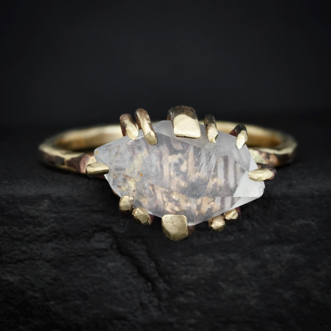 Quartz Crystal Ring. Rustic Organic Alternative Unique Textured Band Prong Set Large Natural Clear Quartz Crystal Statement Engagement Ring