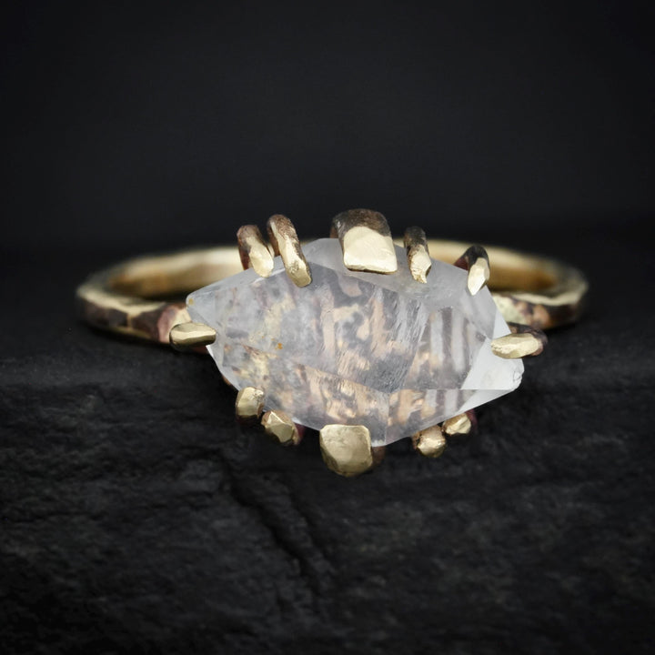 Quartz Crystal Ring. Rustic Organic Alternative Unique Textured Band Prong Set Large Natural Clear Quartz Crystal Statement Engagement Ring