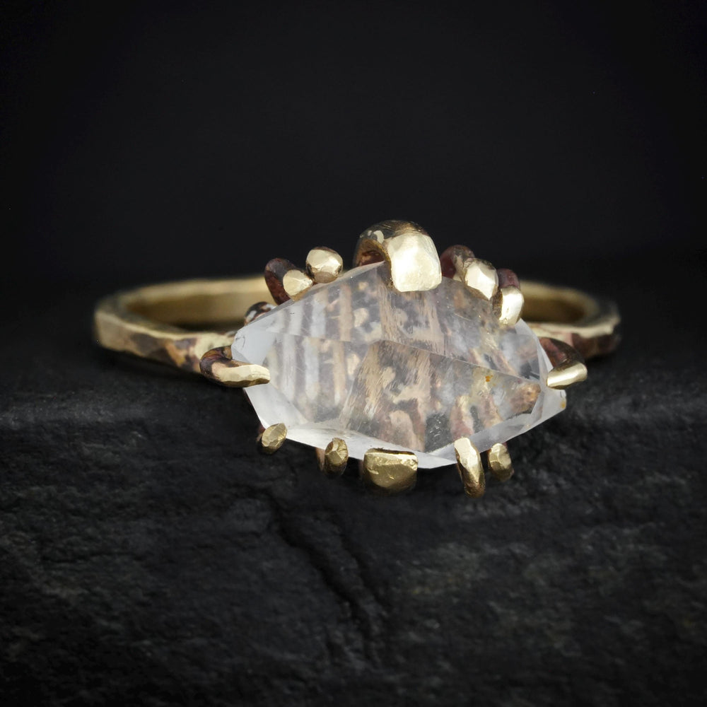 Quartz Crystal Ring. Rustic Organic Alternative Unique Textured Band Prong Set Large Natural Clear Quartz Crystal Statement Engagement Ring