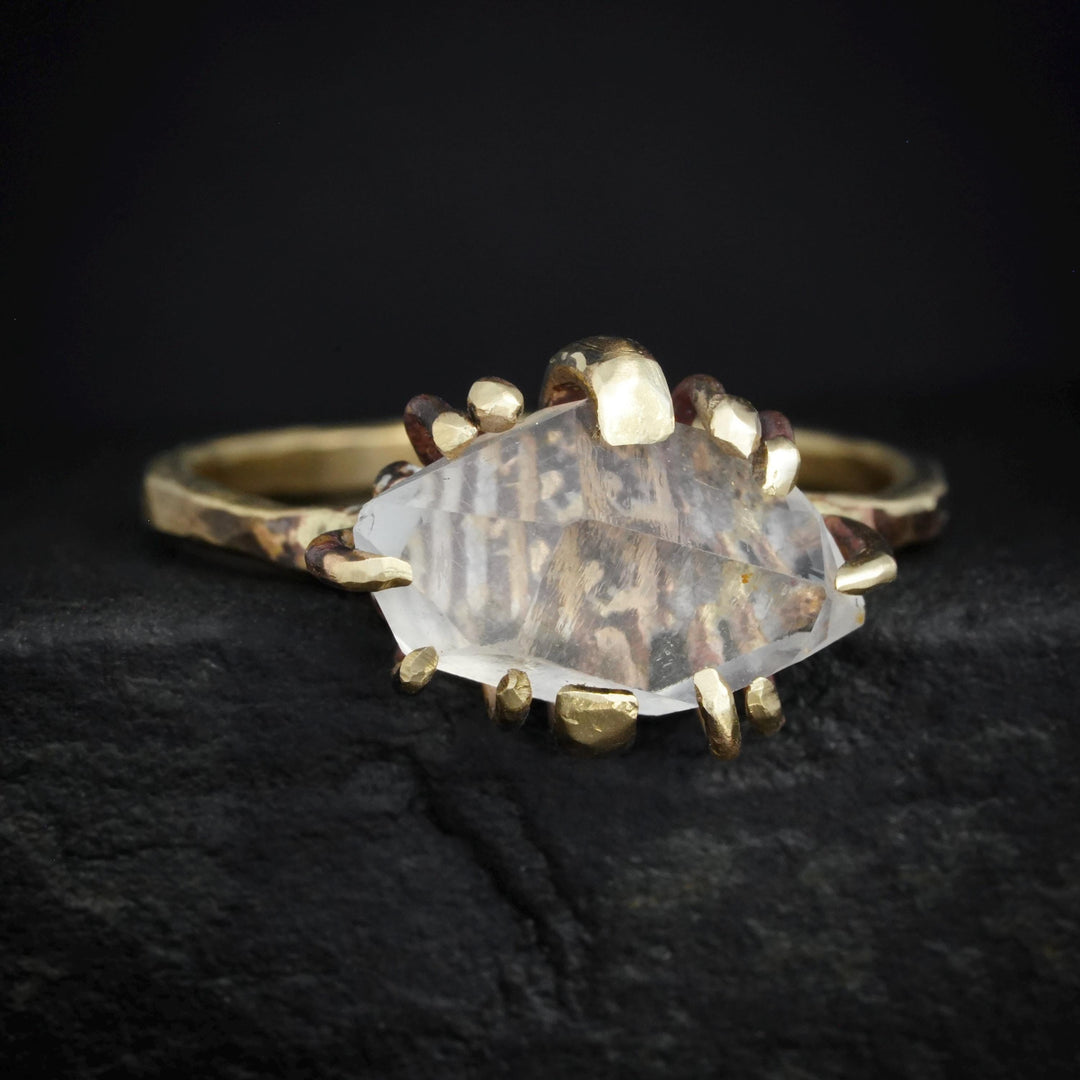 Quartz Crystal Ring. Rustic Organic Alternative Unique Textured Band Prong Set Large Natural Clear Quartz Crystal Statement Engagement Ring