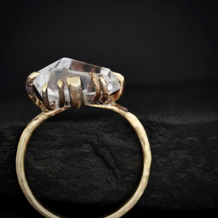 Quartz Crystal Ring. Rustic Organic Alternative Unique Textured Band Prong Set Large Natural Clear Quartz Crystal Statement Engagement Ring