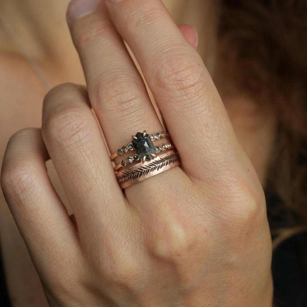 Hexagon Diamond Ring: RTS 14k Solid Rose Gold Grey Hexagon and Round Salt and Pepper Diamond Double Band Ring in US size 7