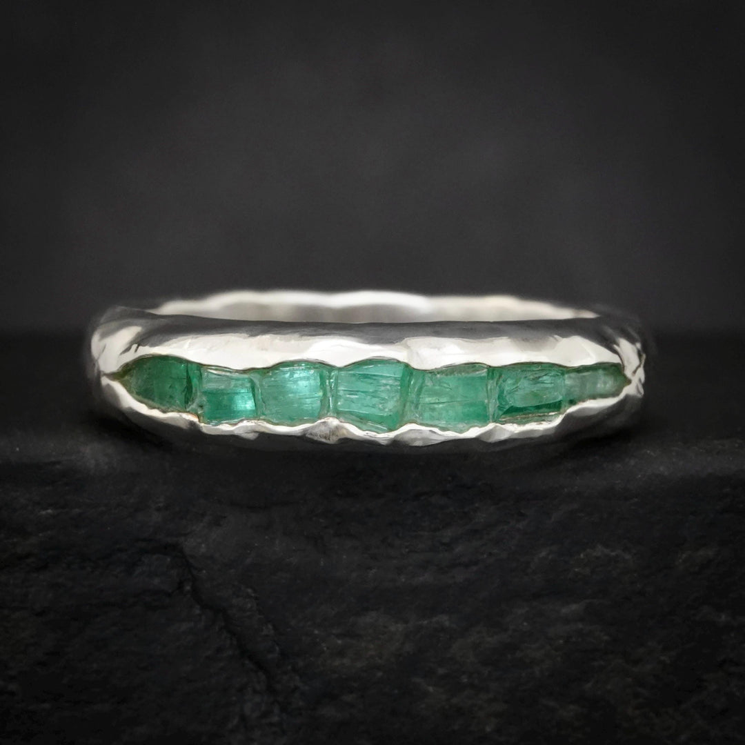 RTS Wide Raw Emerald Ring. US Size 6.75 US Rustic Sterling Silver Raw Rough Uncut Natural Genuine Emerald Crystal Mens Wedding Band Ring
