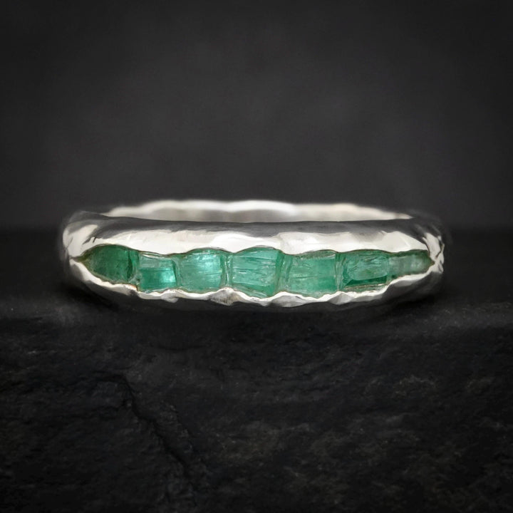 RTS Wide Raw Emerald Ring. US Size 6.75 US Rustic Sterling Silver Raw Rough Uncut Natural Genuine Emerald Crystal Mens Wedding Band Ring