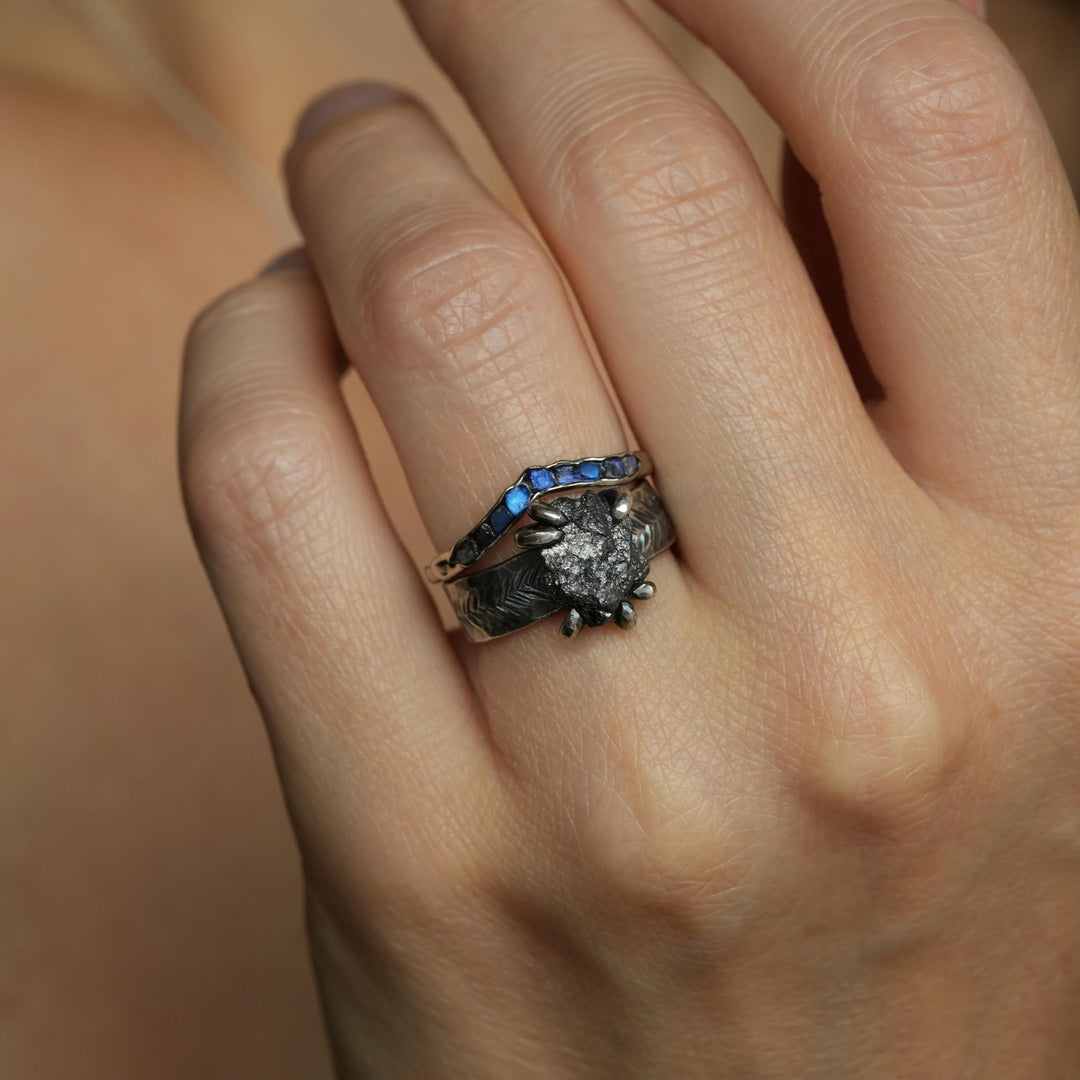 Rainbow Moonstone Wave Ring. Silver Gold Raw Rough Uncut Organic Rustic Blue Flash Unique Rainbow Moonstone Wedding Band Ring