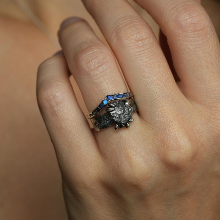 Rainbow Moonstone Wave Ring. Silver Gold Raw Rough Uncut Organic Rustic Blue Flash Unique Rainbow Moonstone Wedding Band Ring