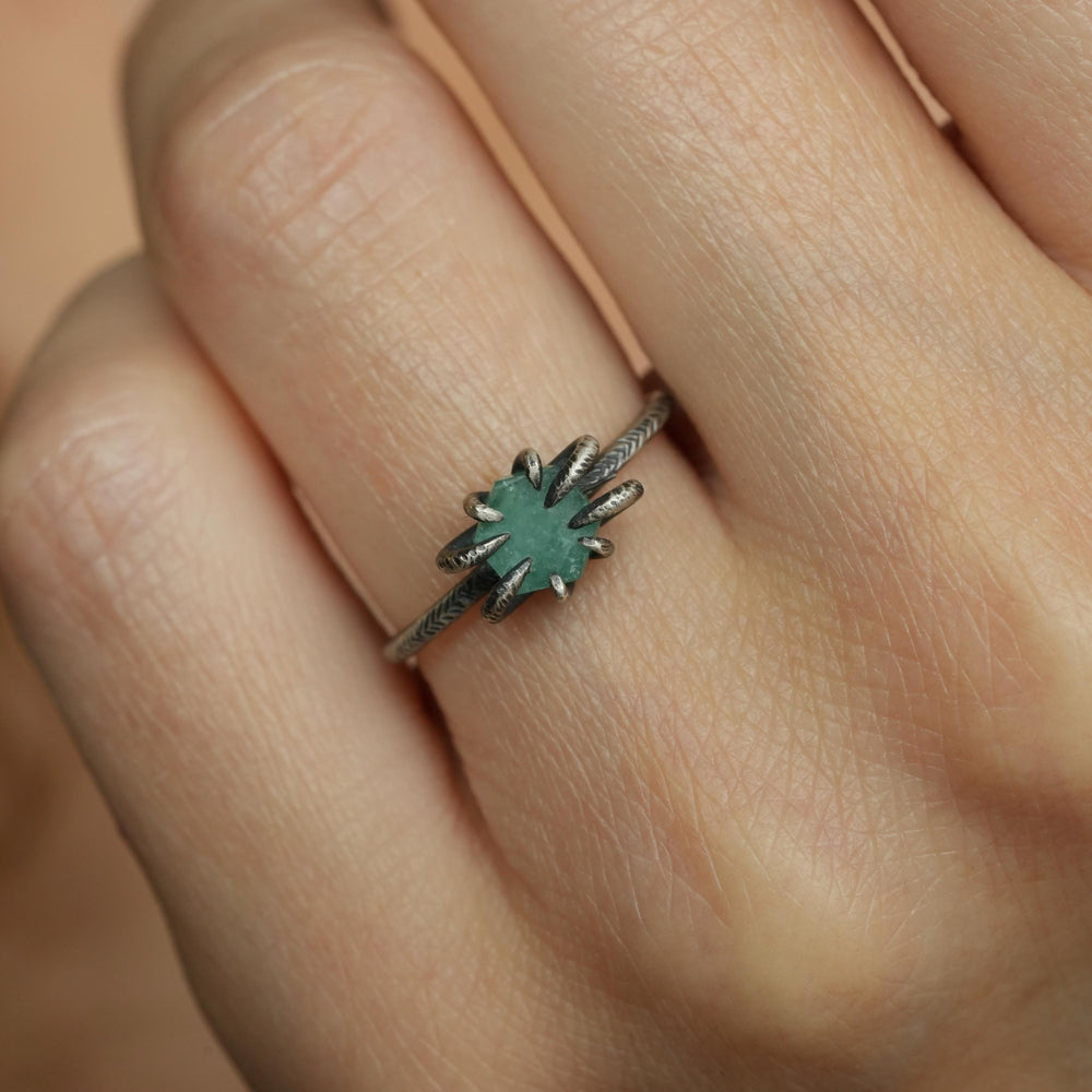 RTS Emerald Ring. US Size 5.5. Nature Inspired Oxidized Black 925 Sterling Silver Natural Emerald Hexagon Slice Ring. Spider Emerald Ring