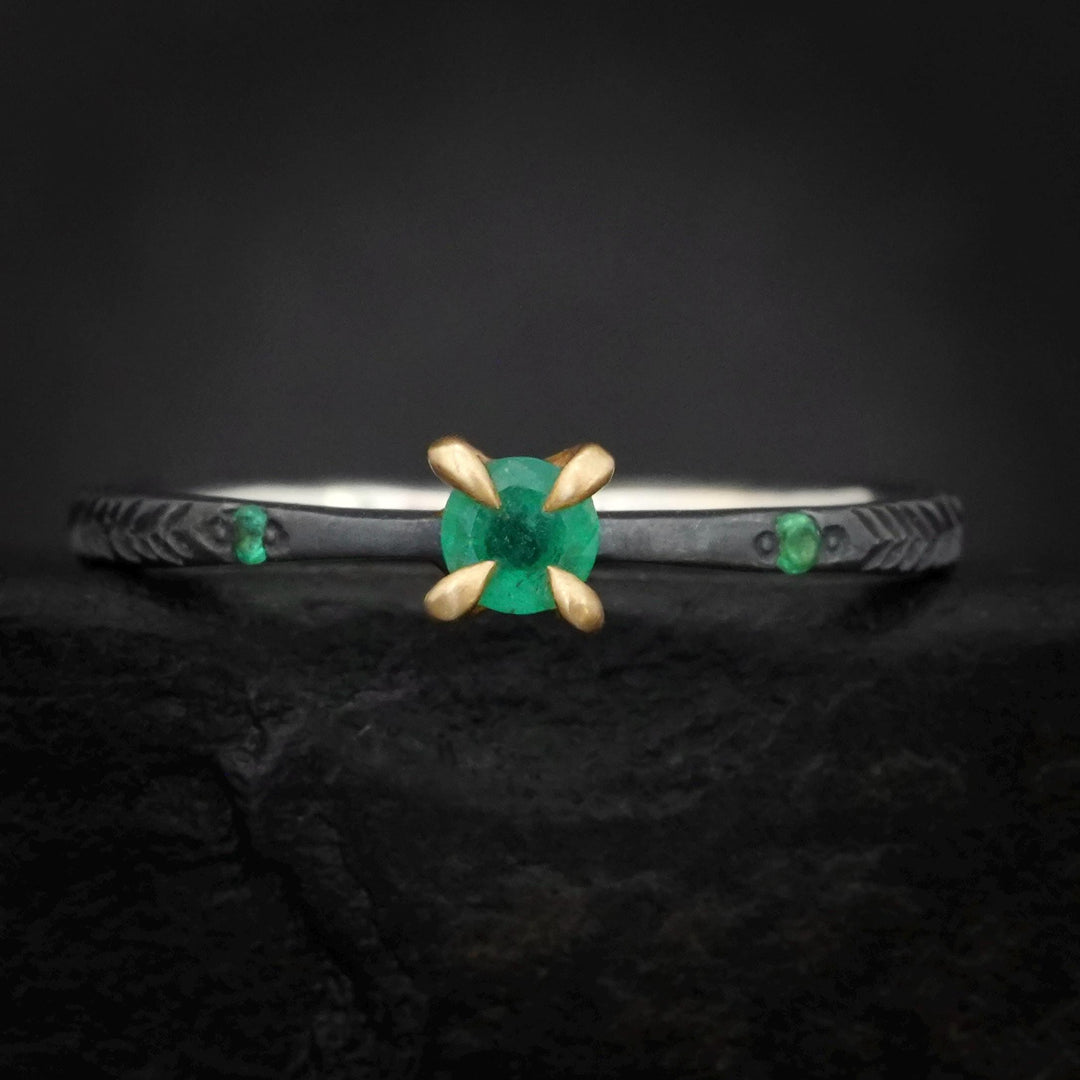 Emerald Ring. Rustic Black Silver and 14k Gold 4 Prong Set Natural Emerald Engagement Promise Ring. Emerald Ring with Feather Band