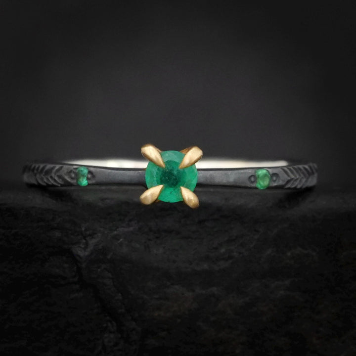 Emerald Ring. Rustic Black Silver and 14k Gold 4 Prong Set Natural Emerald Engagement Promise Ring. Emerald Ring with Feather Band