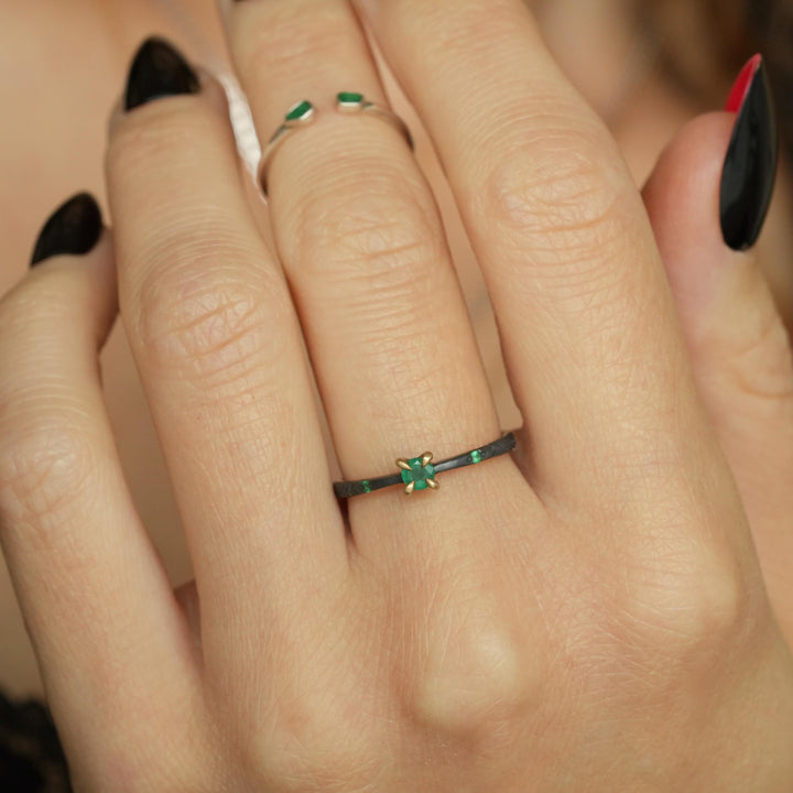 Emerald Ring. Rustic Black Silver and 14k Gold 4 Prong Set Natural Emerald Engagement Promise Ring. Emerald Ring with Feather Band