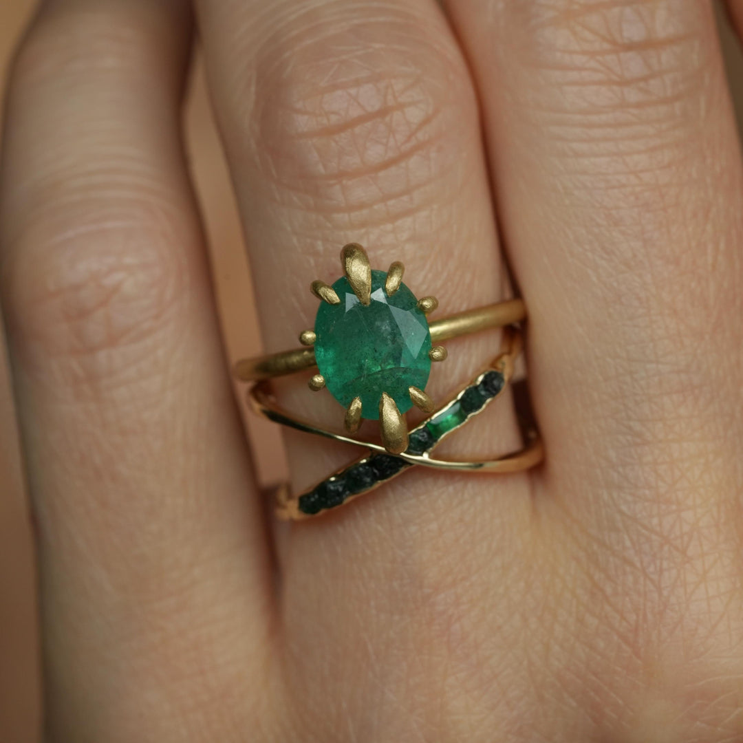 RTS Natural Emerald Ring. US size 6.5. 18k Yellow Matte Gold Oval Cut Natural Untreated Prong Set Emerald Engagement Statement Promise Ring