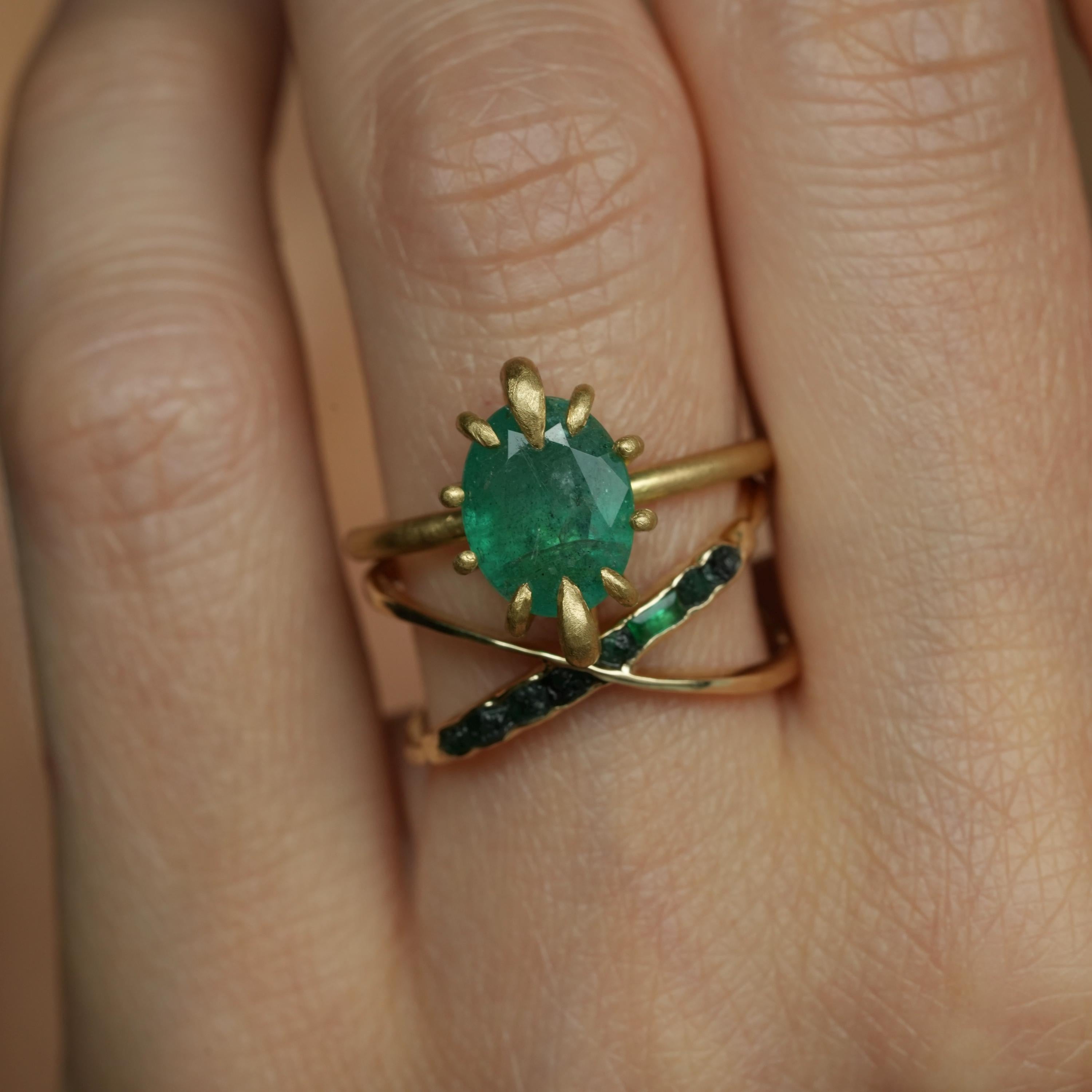 RTS Natural Emerald Ring. US size 6.5. 18k Yellow Matte Gold Oval Cut Natural Untreated Prong Set Emerald Engagement Statement Promise Ring