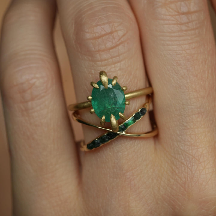 RTS Natural Emerald Ring. US size 6.5. 18k Yellow Matte Gold Oval Cut Natural Untreated Prong Set Emerald Engagement Statement Promise Ring