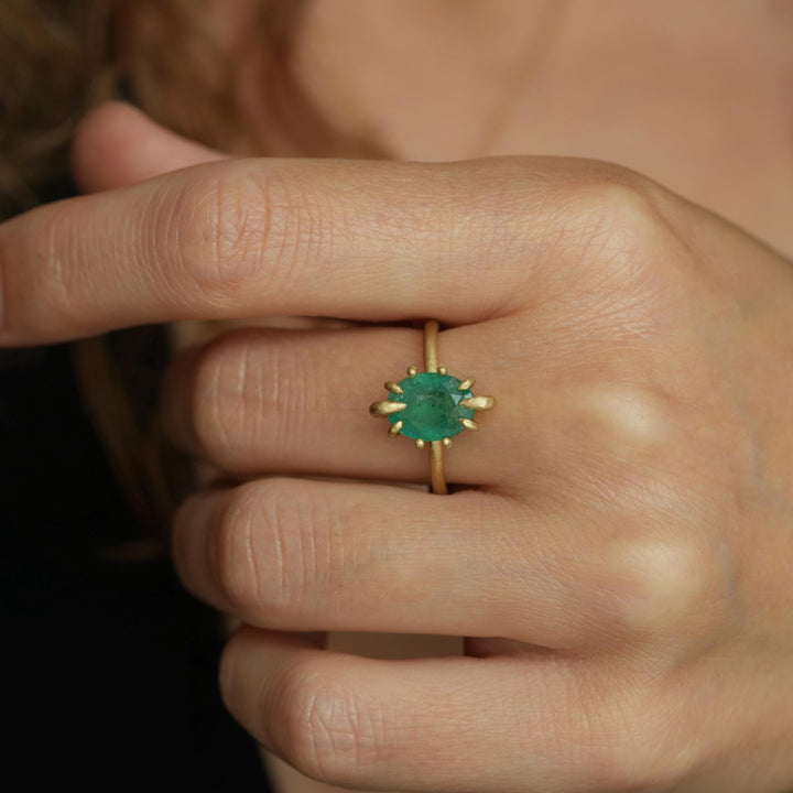 RTS Natural Emerald Ring. US size 6.5. 18k Yellow Matte Gold Oval Cut Natural Untreated Prong Set Emerald Engagement Statement Promise Ring