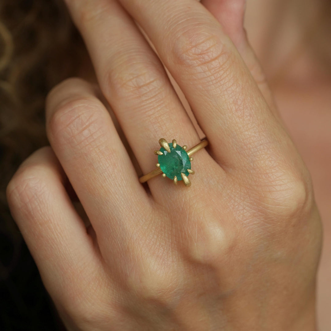 RTS Natural Emerald Ring. US size 6.5. 18k Yellow Matte Gold Oval Cut Natural Untreated Prong Set Emerald Engagement Statement Promise Ring