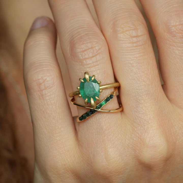 Raw Emerald X Ring. Rustic Custom Handmade Rough Uncut Raw Emerald Criss Cross Ring. Criss Cross Ring With Raw Stones. Yellow Gold X Ring