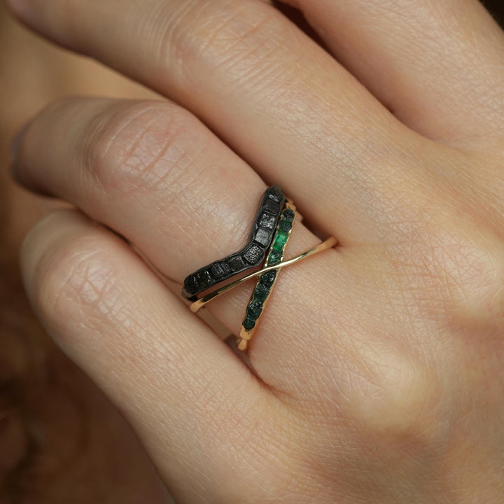 Raw Emerald X Ring. Rustic Custom Handmade Rough Uncut Raw Emerald Criss Cross Ring. Criss Cross Ring With Raw Stones. Yellow Gold X Ring